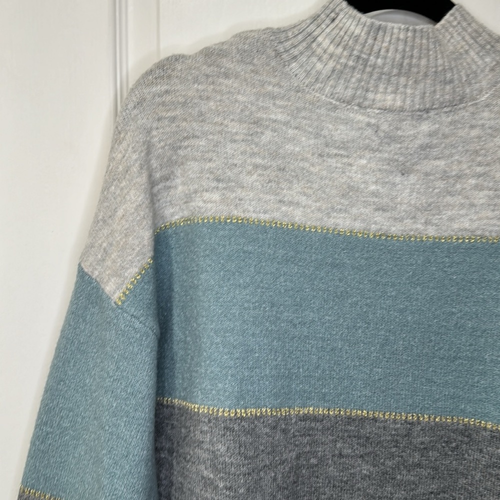H Halston mock neck sweater, blue and gray striped with gold detail, size L - Picture 8 of 14